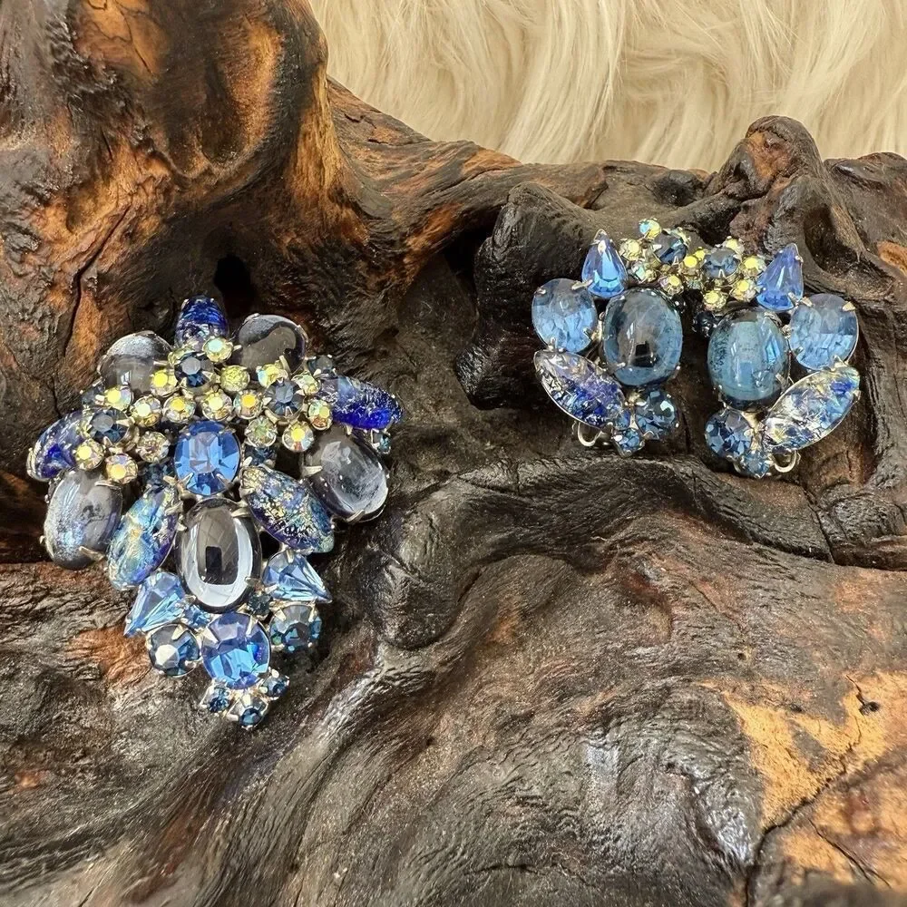 Vintage Hattie Carnegie Demi-Parure Blue Domed Cluster Cabochon AB Rhinestone